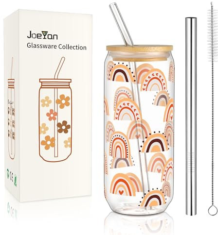 Joeyan 600ml Glas Trinkbecher mit Deckel und Strohhalm,Regenbogen-Muster Trinkgläser Dosenform,Eiskaffee Bubble Tee Smoothies Longdrinkgläser