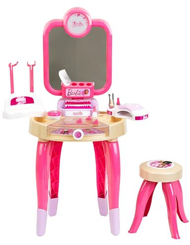Theo Klein Barbie - Schönheitsstudio Happy Vibes | Beautystudio mit drehbarem Spiegel und Licht | Schminktisch mit Zubehör | Spielzeug für Kinder ab 3 Jahren