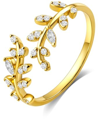 HNMZZPL Adjustable S925 Sterling Silver Ring for Women,Branch Leaves Band Stacking Finger Ring,Paved Cubic Zirconia Stone Stackable Open Ring (gold)