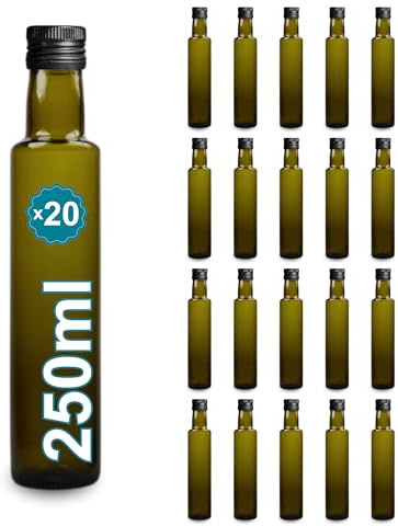 20 Botellas de Cristal Oscuro 250 ml con Tapón de Rosca Negro – Aceitera para Aceite de Oliva, Vinagre, Alcohol y Salsas | Espirito Rebelde