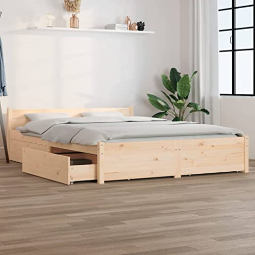 Festnight Bett 135x190 cm mit Schubladen Bettrahmen Natur Holzbett mit Stauraum Massivholzbett Bettgestell mit Lattenrost Bettkasten Einzelbett Doppelbett