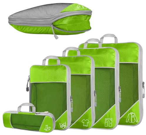 Desoto 5-teilig Kompressions Packwürfel Set für Reisen, Ultraleichte, Grün | Compression Packing Cube zur Organisation Ihres Reisegepäcks, für Rucksack & Koffer, Aufbewahrungstasche, Koffer-Organizer