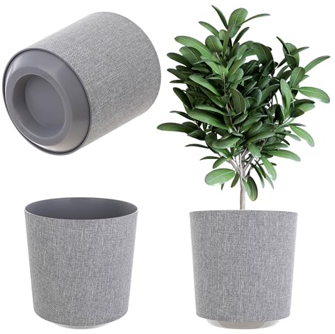 KADAX Dekorativer Übertopf, Runder Pflanztopf, Blumentopf aus Kunststoff, Pflanzentopf für Anbau von Pflanzen, Kräutertopf für Innen und Außenbereich (Grau, 25cm)