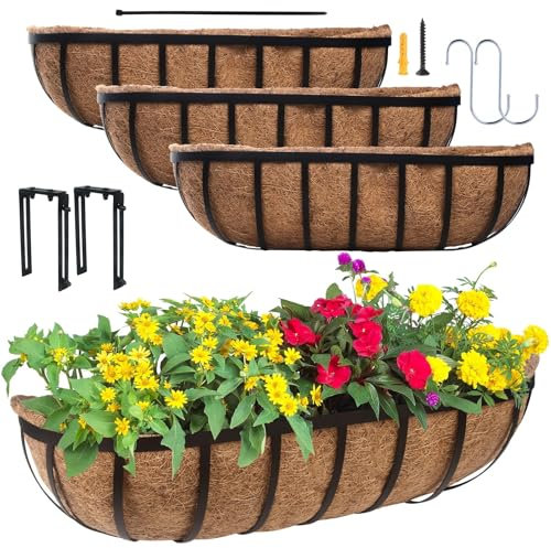 OLHAUYUAN Railing Planter Window Box - 2 Pack 24 Horse Trough Planter with Coco Fiber Liner - Deck Balcony Rail Planter for Porch Fence Patio Outdoor