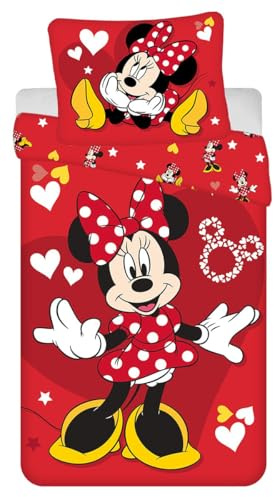 Disney Kinderbettwäsche Minnie Maus Rotes Kleid Rote Schleife Sterne Herzen Bettwäsche 140 x 200 + Kopfkissen 70 x 90 cm 100% Baumwolle