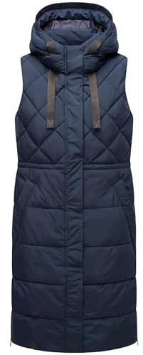 MARIKOO Damen ärmellose lange Outdoorweste warme gesteppte Weste mit Kapuze Narikaa 16 Navy Gr. M