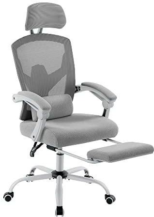 Sweetcrispy Büro-Computer-Schreibtisch Stuhl, Gaming-Stühle für Erwachsene, High-Back Mesh Rolling Swivel Reclining Stühle mit Rädern, Bequeme Lendenwirbelstütze, Bequeme Arme Grau
