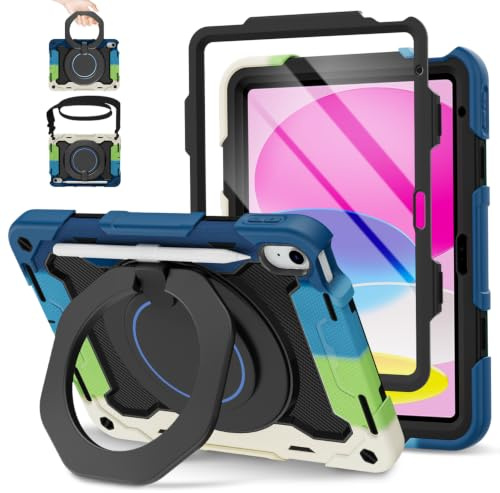ROISKIN Case for iPad A16 11th/10th Generation 2025/2022 11/10.9 Inch | with HD Screen Protector, 360° Rotating Stand, Shoulder Strap, Heavy Duty Shockproof for iPad A16 Case Kids, Black-Blue