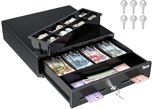 Tera 13 Cassetto Portadenaro 33,5 x 33 x 10,4 cm Apertura Automatica 4 Banconote 8 Monete Vassoio Portamonete Estraibile 6 Chiavi Interfaccia RJ12 12V Slot Media per POS Negozi 330G