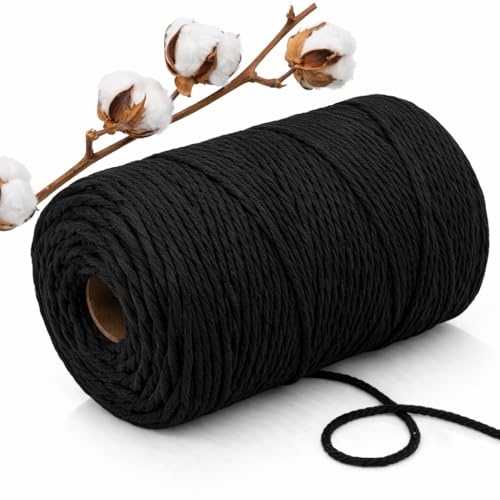 Abio Makramee Garn Schwarz 2mm 300m Baumwollgarn Macrame Cord Kordel Garn für Makramee Schnur Makrameegarn Baumwollschnur Baumwollkordel Baumwolle Schwarz 2mm 300m