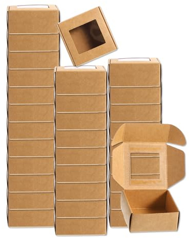 QUARKZMAN 32 Stück Seifenverpackungsschachteln 2,6x2,6x1,2 Zoll Kraftseifenschachtel mit Fenster geschenkschachtel für Bäckerei Süßigkeitenverpackung Schmuckdisplay (Quadratisch, Braun)