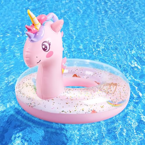 HeySplash Galleggiante Gonfiabile, 21,6 Pollici Anello di Nuoto per Bambini, Giocattoli da Piscina Unicorno con Paillettes Scintillanti, Anello per Piscina, Spiaggia, Lago, Festa, Rosa