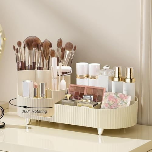 Suyoo 360° Rotating Makeup Organiser with Brush Holder,Large Capacity Cosmetic Display Case for Vanity,Countertop,Bedroom (Cream)
