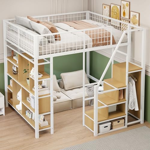 Lcoho Multifunktionales Hochbett 140 x 200 cm, Metallbett mit Stauraum, Ablageflächen und Treppe, Erwachsenenbett und Kinderbett, Weiß