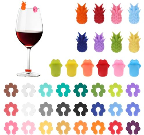 Qiimenguer Glasmarkierer, Packung mit 38 Glas Markierung Trinkgläser, Silikon, Weinglasmarker, Weinmarker für Weingläser, Becher, Cocktailgläser, Silikon 24 Pflaume, 8 Ananas Plus 6 Lippen