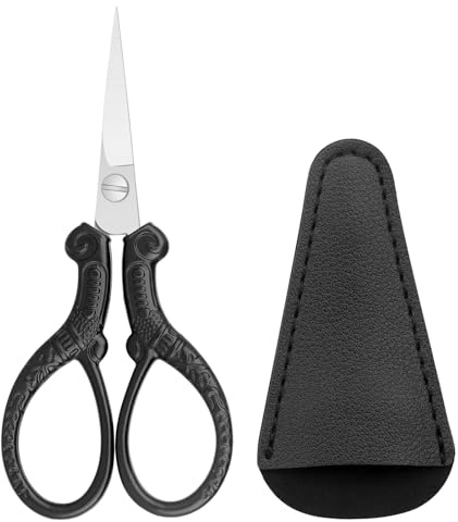 Frepxzlk Embroidery Scissors,Stainless Steel Craft Scissors for Sewing, Needlework, Thread Cutting, Crafts with Leather Protective Cover (Black)