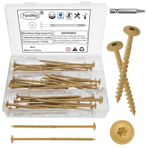 FandWay Lot de 50 vis à bois robustes à tête gaufrée Torx, revêtement époxy rouillé avec embouts étoile T30 pour construction extérieure de charpente (jaune), 6,3 x 100 mm.
