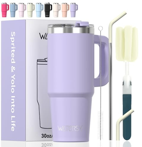 30 oz Tumbler with Handle,Tumbler with Lid and Straw,Double Wall Insulated Cup Stainless Steel Travel Mug(Cold for 34 Hours),Water Bottle for Iced Tea,Coffee,Cold Beverages(Purple)