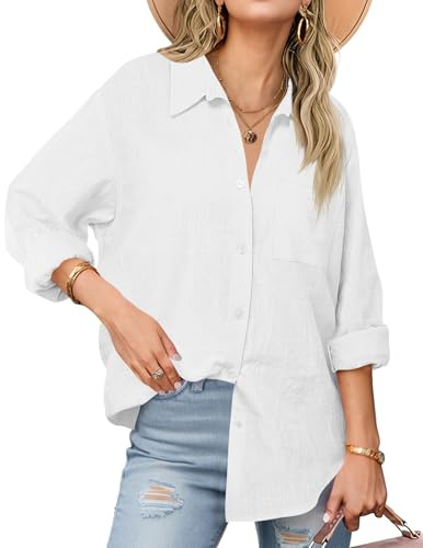 Cicy Bell Camicette da Donna Oversized con Scollo a V, Manica Lunga, Camicia a Quadri, T-Shirt Casual a Maniche Lunghe, bianco, XL