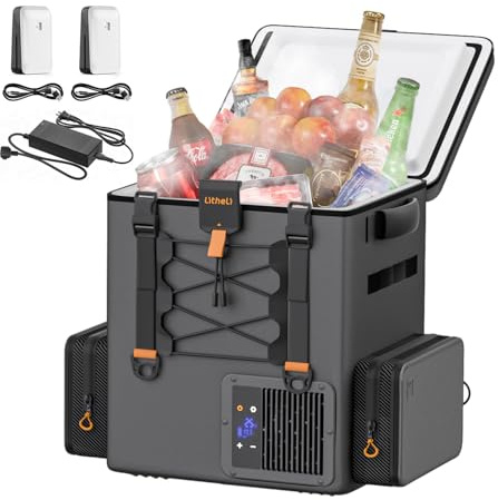LiTHELi FrozenPack - Nevera con compresor de 20 l con adaptador CA CC, 12/24 V, 100/240 V, para camping, viajes, autocaravana, refrigeración rápida, 15 minutos, con 2 baterías de 4,0 Ah (3 paquetes)