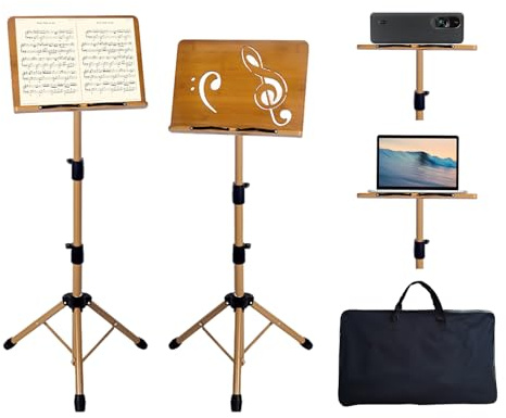 Tragbarer Notenständer – Klappbarer Noten- und Buchständer mit Tragetasche, höhenverstellbar, aus Holz und Metall, faltbarer Podiumständer für Noten, Lesen, Bibel, Laptop, Kochbücher, Projektor