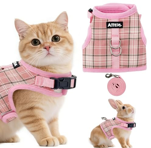 AIITLE Hasengeschirr & Leine Set – Weiches Netzfutter, Bequeme Weste mit Karomuster, tragbar für Kleintiere wie Welpen, Katzen, Ratten, Eichhörnchen und Frettchen, Rosa L