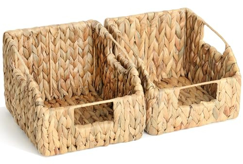 2-Pack Wicker Basket Set - Water Hyacinth Pantry Organizers and Storage w/Handles, For Home, Bedroom, Kitchen, & More - 100% Earth Friendly Woven Rattan, Simple Open Shape Decorative Baskets