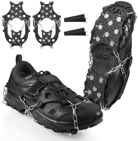 Tranrantic Crampons, Ice Cleats for Shoes and Boots, Anti-Slip Ice Snow Grips for Men Women with 26 Spikes for Shoes, Crampons Ice Snow Grippers for Winter Hiking, Walking, Climbing (M)