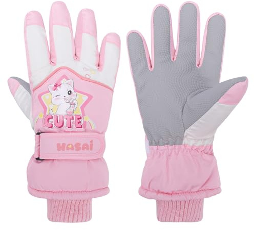 QKURT Gants de Ski d'hiver pour Enfants, imperméables, antidérapants, en PU, Chauds, pour Luge, Snowboard, Coupe-Vent, pour Temps Froid, avec Motif Chat, pour Filles et garçons de 6 à 10 Ans