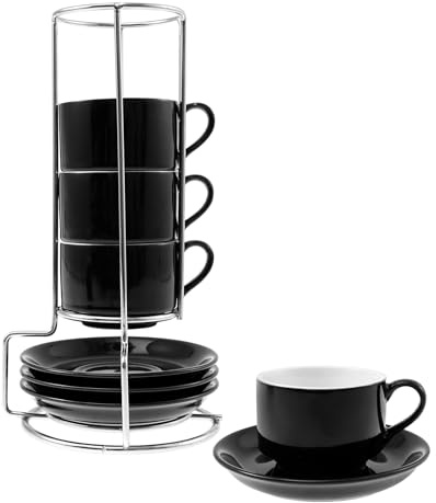 Zhjiutak Porcelain Espresso Cups with Saucers, Ceramic Coffee Cup,70ml Stackable Cappuccino Cups Set of 4 with Metal Stand for Coffee Drinks, Latte, Tea(Black)