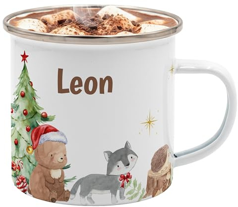 Kidsmood – Emaille Tasse mit Namen & Weihnachtsmotiv | Personalisierte Tasse für Kinder & Familie | Geschenk zu Weihnachten für Kinder, Mama, Papa, Oma & Opa | Bruchsicherer Trinkbecher