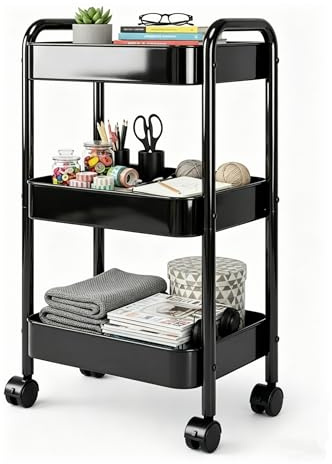 Nikphobos 3 Tier Storage Trolley, Metal Trolley Rolling Utility Cart on Wheels with Hooks, Multi-Purpose Organizer for Kitchen Bathroom Bedroom Office