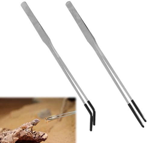 2 Pcs Reptile Feeding Tongs, Extra Long Stainless Steel Tweezers, Straight and Curved Aquarium Tweezers with Rubber Tips, Precision Long Tweezers for Reptile Feeding, Aquascaping, Terrarium Plants