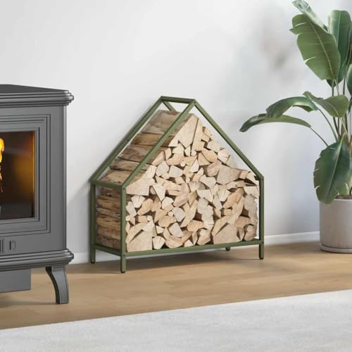 Mokuyary Étagère à bois de chauffage vert olive - 60 x 25 x 60 cm - En acier laminé à froid - Étagère en bois de chauffage - Support en bois de chauffage - Étagère de rangement pour bois de chauffage