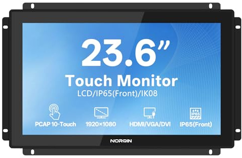 NORQIN 23,6 Monitor Touch Screen Industriale Incorporato IP65-1920×1080 Cornice Aperta,Touch Capacitivo a 10 Puntate,Display LCD,VESA,Porte HDMI/VGA/DVI/USB,Per Terminale Vendita Automatica