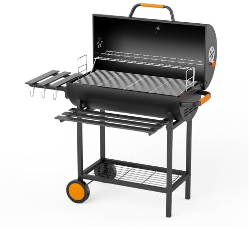 KEYO Holzkohlegrill Smoker mit Höhenverstellbarer Kohlenwanne & Thermometer | 29 Großer Tragbarer Fassgrill mit Chromrost, Holzkohlegrillwagen fahrbar für Garten, Terrasse, Camping, Party & Picknick