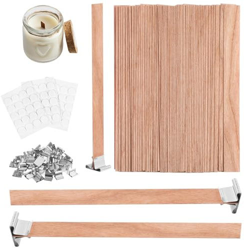 50 Stück Kerzendocht Holzdochte für Kerzen Mit 50 Metallständer Kerzendochte für Kerzen Kerzenherstellung DIY, Knisterdocht Kompatibel mit Sojawachs & Bienenwachs (Natürliche, Raucharm)