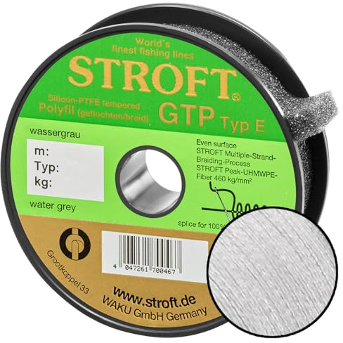 Stroft Schnur GTP Typ E wasser grau 125m geflochtene Angelschnur - 8-fach PE Braid, rund & leise, extrem abriebfest, hohe Tragkraft, ohne Coating, für Spinnfischen auf Hecht, Zander & Barsch