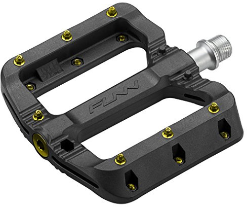 Funn Black Magic Pedales Planos de Plástico para Bicicleta de Montaña - Pedales de Bicicleta de Plataforma Ancha, Pedales de Bicicleta con Eje de CrMo de 9/16 Pulgadas (Pasadores Dorados)