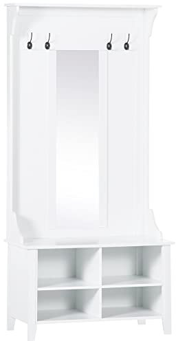 HOMCOM Garderobenständer mit Sitzbank Garderobenset Flurgaderobe 3-in-1 mit Schuhschrank Wandspiegel 4 Haken Weiß 80 x 40 x 170 cm