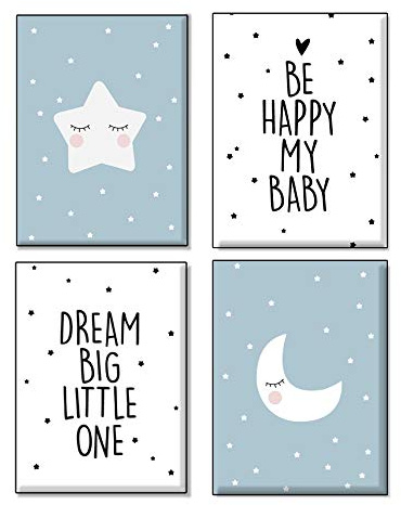 4Good Bilder Kinderzimmer Modern Nordic Moon Stars Sun Sonne mond Sterne Bilder Set Jungen mädchen babyzimmer (Mond blau A4)