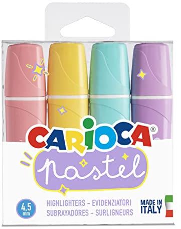 Carioca Pastel - Confezione da 4 Evidenziatori Memolight Pastello, Colori Assortiti. Lavabili con Inchiostro a Base Acqua