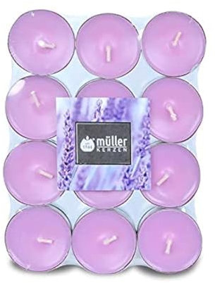 Müller Scented Tealight Candles - Scent: Lavender Fields - Pack of 24 Colored Tea Lights - 4 Hours Long Burning Small Candles - Purple Dripless Wax - 39 × 15 mm - Made in Germany - RAL Quality