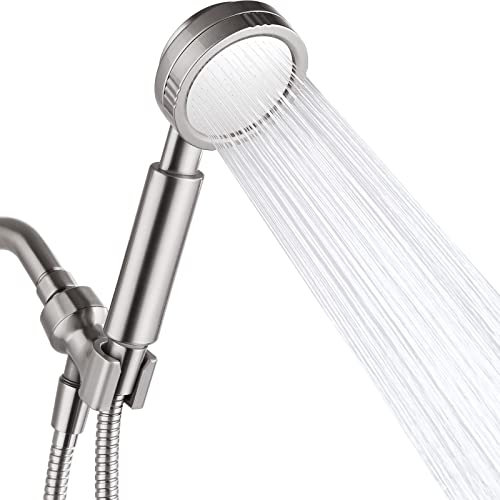 BRIGHT SHOWERS Kit de cabezal de ducha de mano de alta presión, ducha de lluvia de mano con manguera de ducha de acero inoxidable de 60 pulgadas de largo y soporte de pared ajustable, níquel cepillado