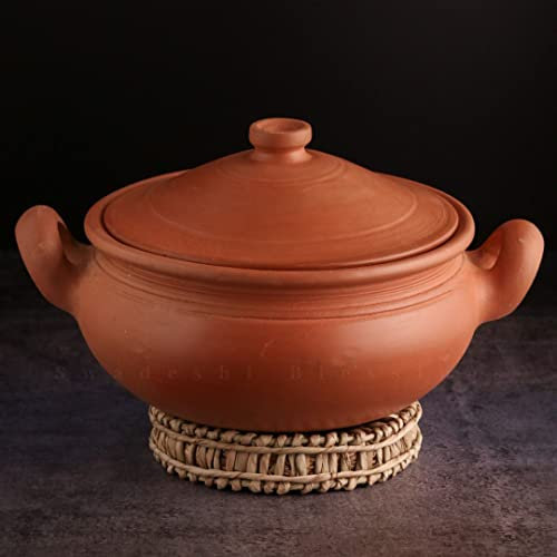 Swadeshi Blessings Exclusive Range Unglazed Clay Pot for Cooking & Serving with Lid/Earthen Kadai/Mud Handi/Mitti Ke Bartan (with Mirror Shine) + Free ASH for Cleaning (3 Liters)