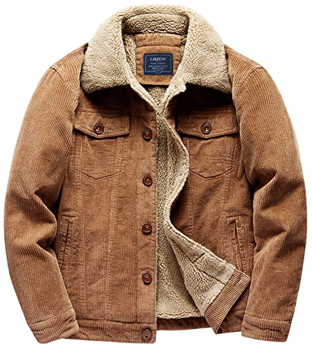 LOUECHY Men's Corduroy Sherpa Lined Trucker Jacket Thickened Warm Winter Coats, Brown, L