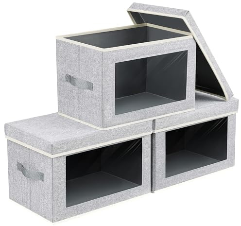 DIMJ 3 Pack Foldable Storage Boxes with Lids - Storage Bins with Clear Window, Fabric Storage Basket with Handle Wardrobe Organiser for Clothes, Toys, Books, Closet, Office