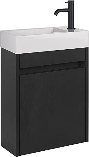 Saqu Florence Gäste WC Waschbecken mit Unterschrank Vormontiert - in Eiche Schwarz mit Mineralmarmor-Waschbecken und schwarzer Armatur rechts - Kleines Gäste WC Bad Möbel mit Waschtisch
