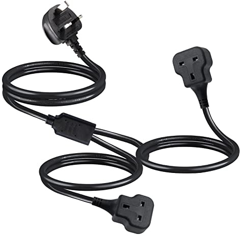 2 Way Gang Extension Lead 1M, KC CABLE Double Socket UK Mains Power Extension cords 13A UK 3Pin Fused Plug male to female Y splitter Power Strip,Extension for Travel, Home, Office, Black…