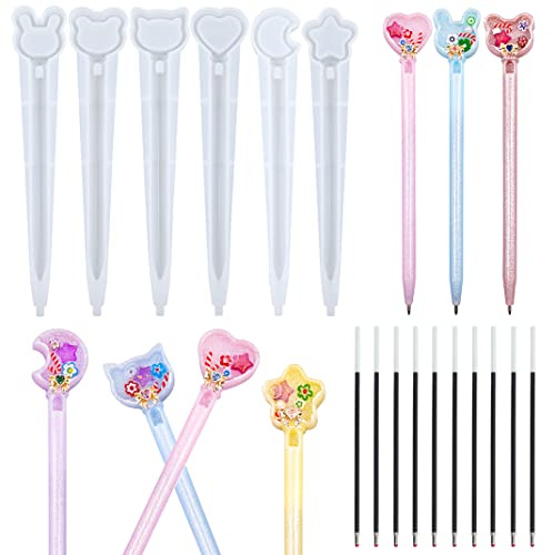 DIYBravo 6 Stück Stifte Silikonform Epoxidharz Resin Formen Kawaii Stifteform Gießform mit 10 Nachfüllungen, Form von Stern Bär Katze Hase Mond Herz DIY Resin Molds